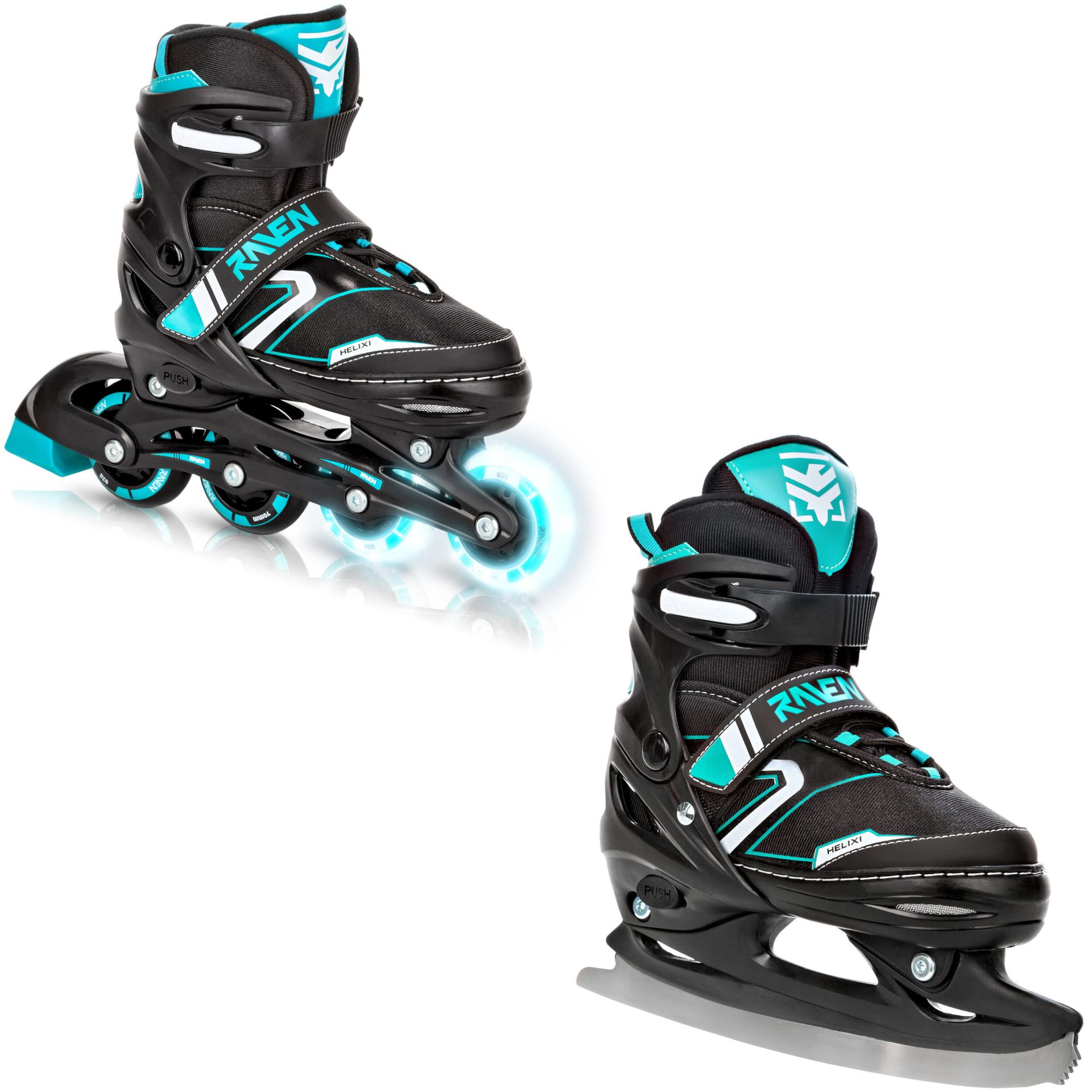 Rolki Łyżwy 2W1 Regulowane Raven Helixi Black/Mint 30-33 Kółka Led