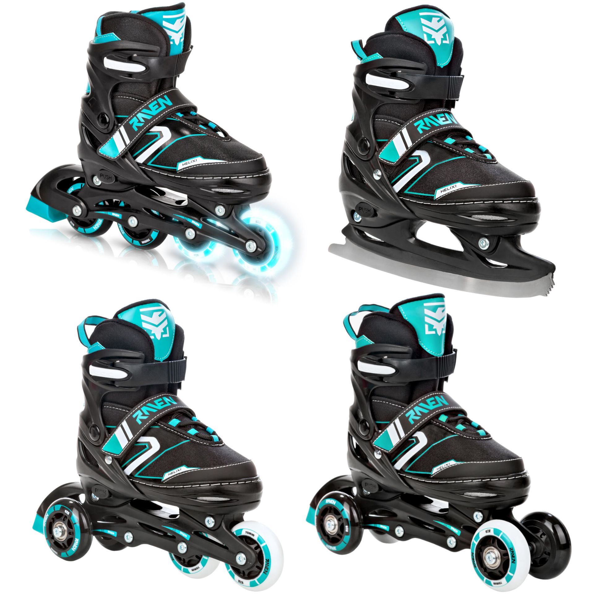 Rolki Łyżwy Wrotki 4W1 Regulowane Raven Helixi Black/Mint 34-37 Kółko Led