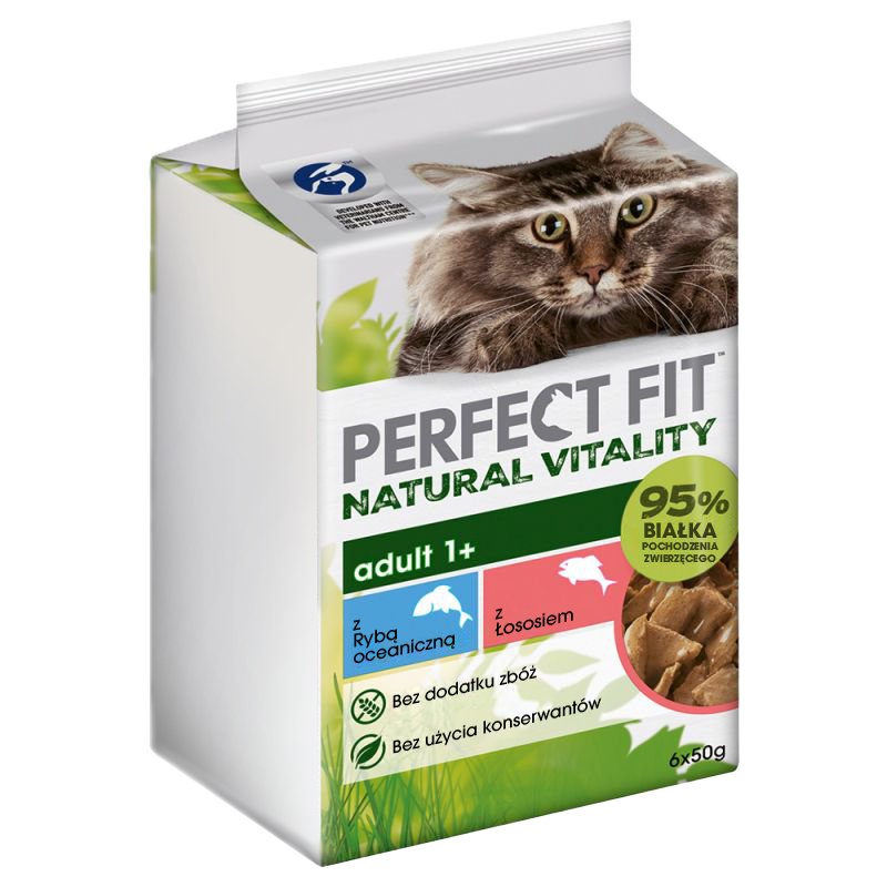 Perfect Fit, Natural Vitality, Mokra karma pełnoporcjowa dla dorosłych kotów, w sosie z rybą oceaniczną, z łososiem, saszetki 6x50 g