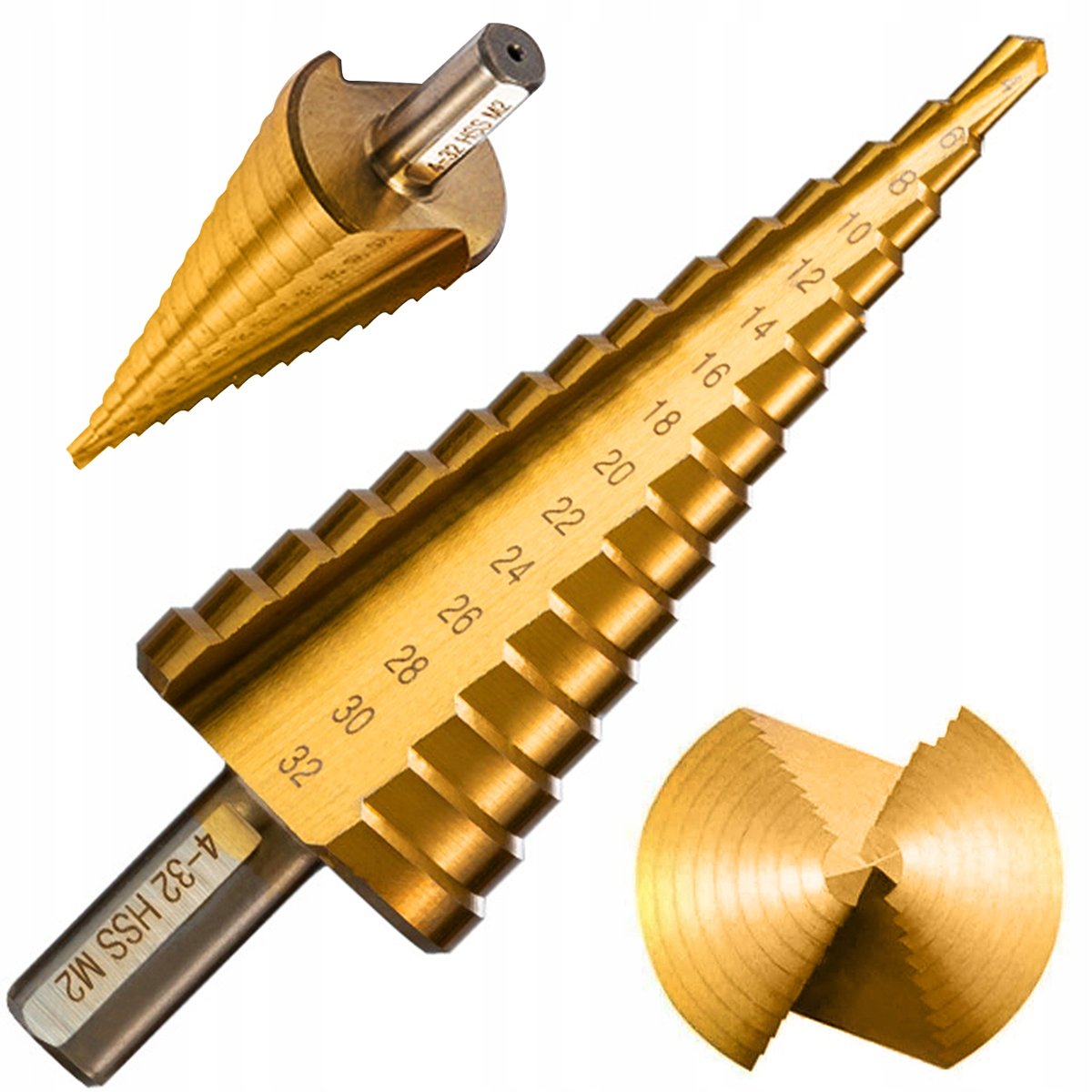 WYTRZYMAŁE Wiertło stożkowe stopniowe choinkowe TYTAN HSS do metalu 4-32MM TIT-DRILL-32mm