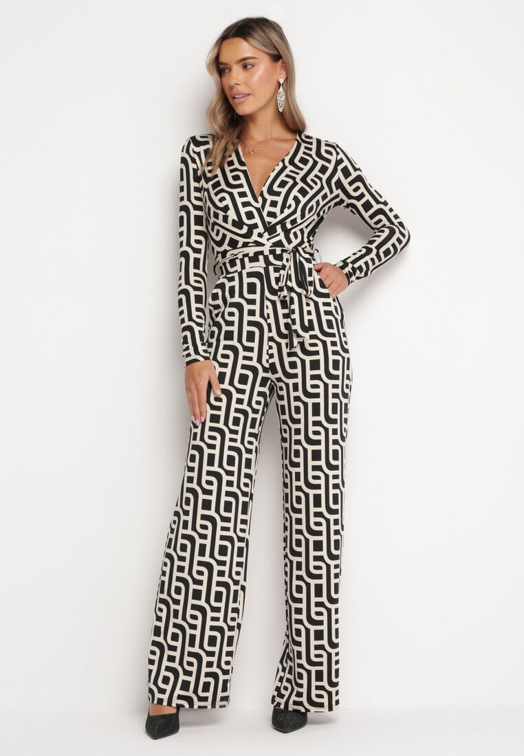 Czarny Długi Kombinezon w Geometryczny Wzór z Wiązanym Paskiem Simita