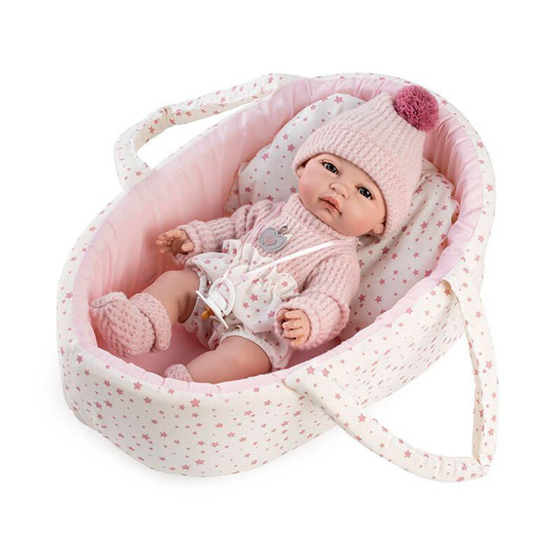 Lalka bobas w nosidełku hiszpański niemowlak 34 cm