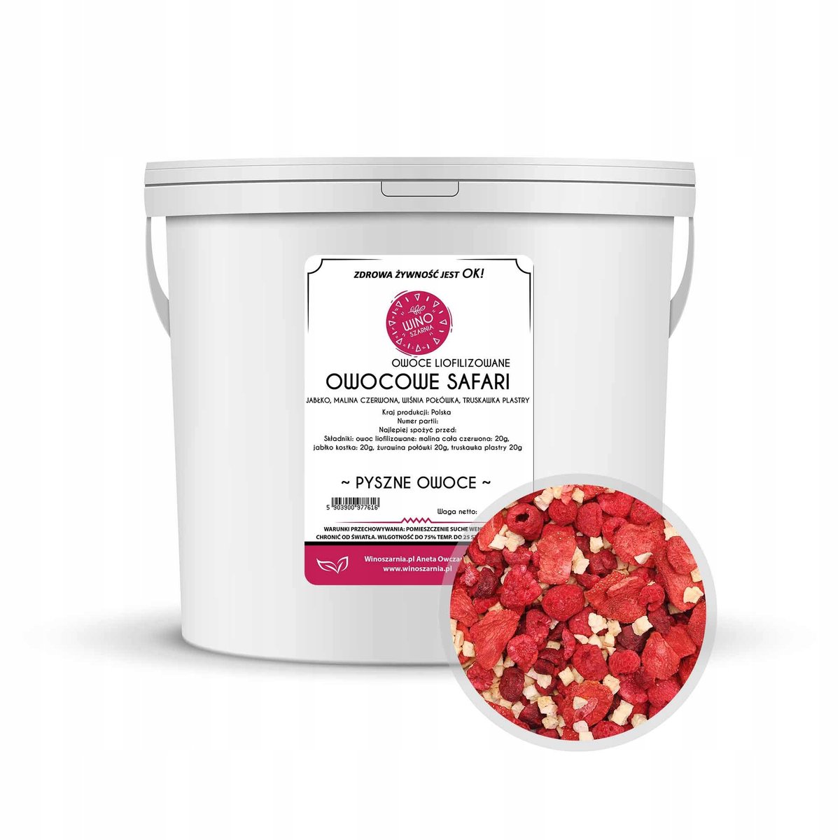 Owocowe Safari Liofilizowane mix Jabłko Malina Truskawka Wiśnia 80 Wiaderko