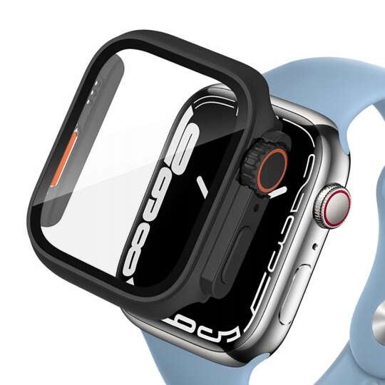 Etui + szkło 2W1 do Apple Watch 7/8/9 45mm czarno-pomarańczowe