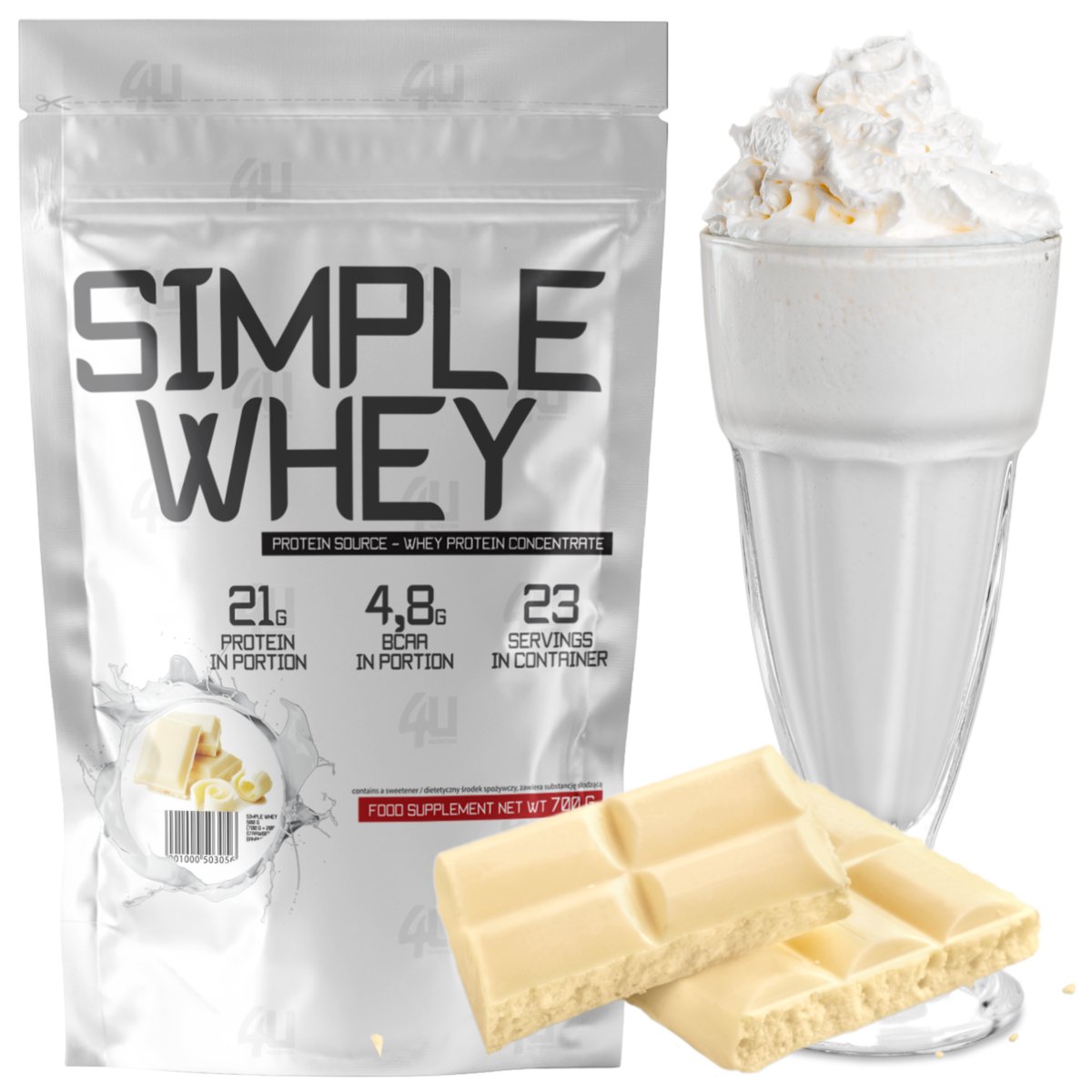 Odżywka białkowa Białko Serwatkowe Biała Czekolada WPC 4U Nutrition Simple Whey 700g  Shake na Odchudzanie