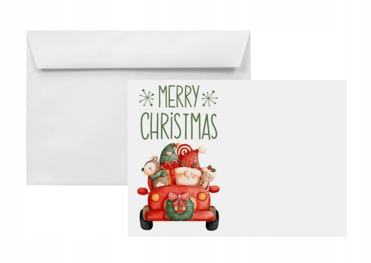 Koperty świąteczne na Boże Narodzenie C6 HK białe z nadrukiem Auto 25 szt. - koperty z Mikołajem na kartki zaproszenia dla dzieci