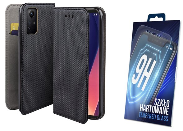 Etui z klapką do XIAOMI REDMI NOTE 12S 4G czarny pokrowiec + szkło 9h