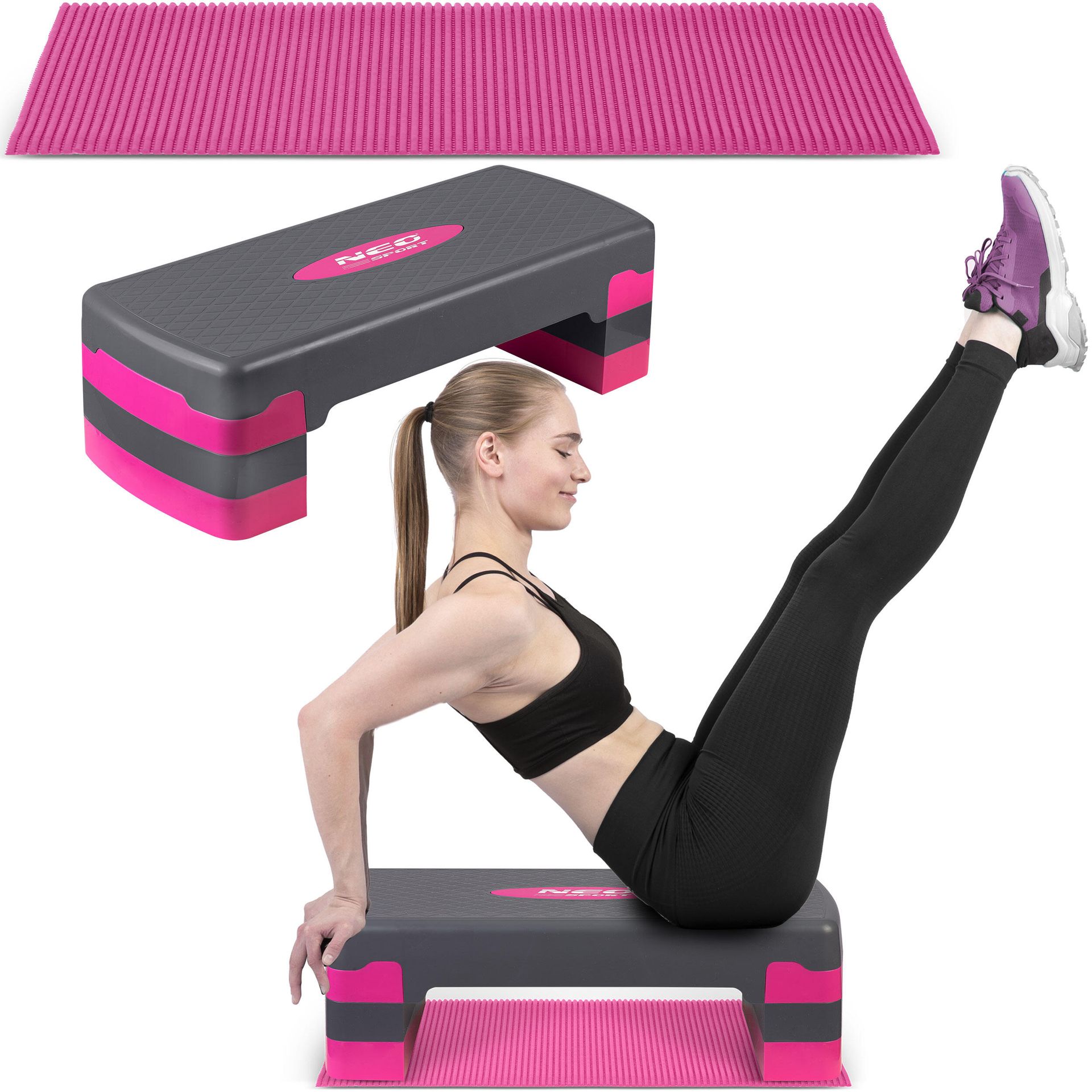 Step do ćwiczeń fitness aerobiku 3 stopnie + mata szaro-różowy Neo-Sport
