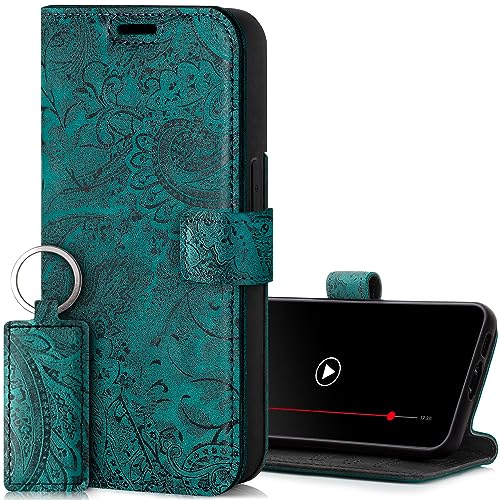 SURAZO Etui na telefon komórkowy Apple iPhone 15 Pro, skórzane etui ochronne z klapką z prawdziwej skóry [magnes, przegródka na karty, ochrona RFID], etui z klapką, skórzane etui (wzór kwiatowy,