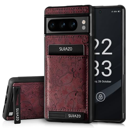 SURAZO Etui z prawdziwej skóry do Google Pixel 8 Pro – odporne na uderzenia skórzane etui na telefon komórkowy z przegródką na karty, funkcja stojaka, breloczek do kluczy ] Floral Slim Bumper etui