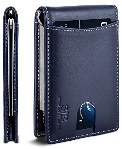 SERMAN Brands Blokowanie RFID, wąskie, dwuskładane, prawdziwa skóra, minimalistyczne przednie portfele kieszonkowe dla mężczyzn z klipsem na pieniądze, cienki prezent, Z. Atlantic Blue 1.S, wąski,