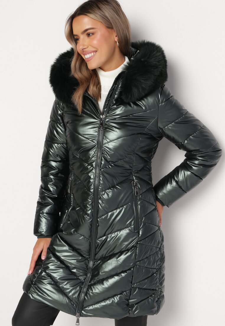Ciemnozielona Metaliczna Kurtka Pikowana z Kapturem Eclaris