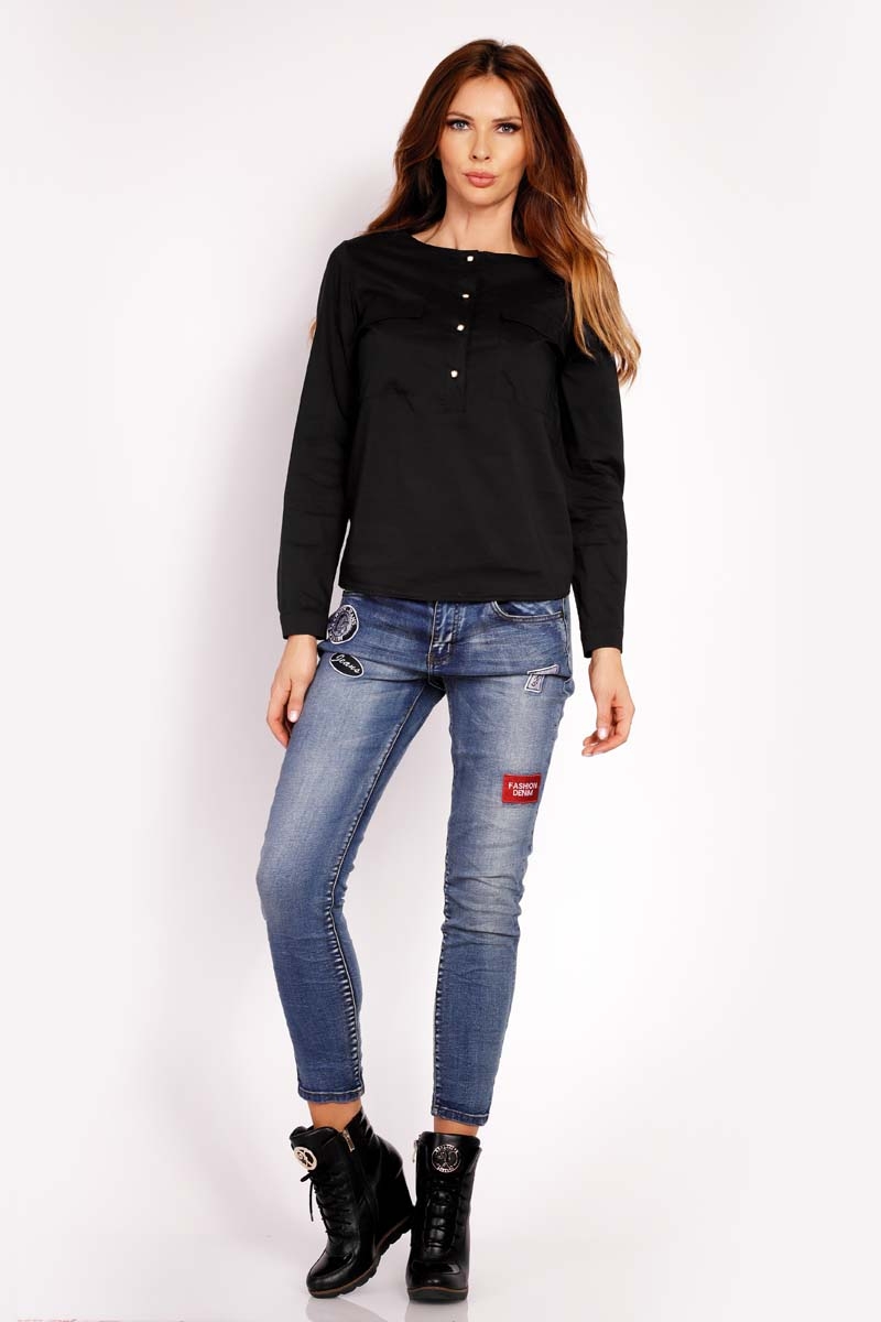 Czarna Bluzka Koszulowa z Krótkim Zapięciem