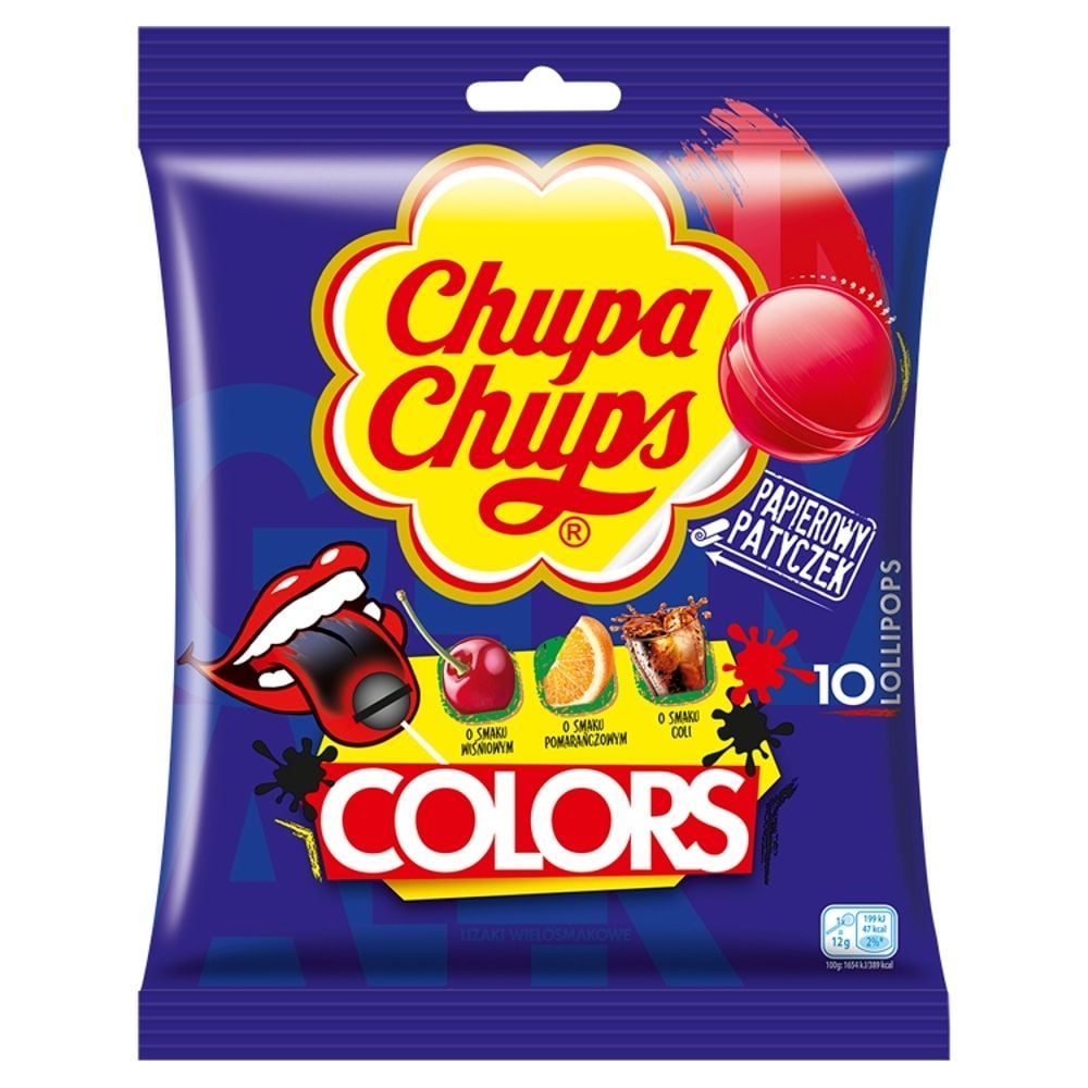 Chupa Chups Lizaki wielosmakowe o smaku pomarańczowym, wiśniowym i coli 10 x 12 g