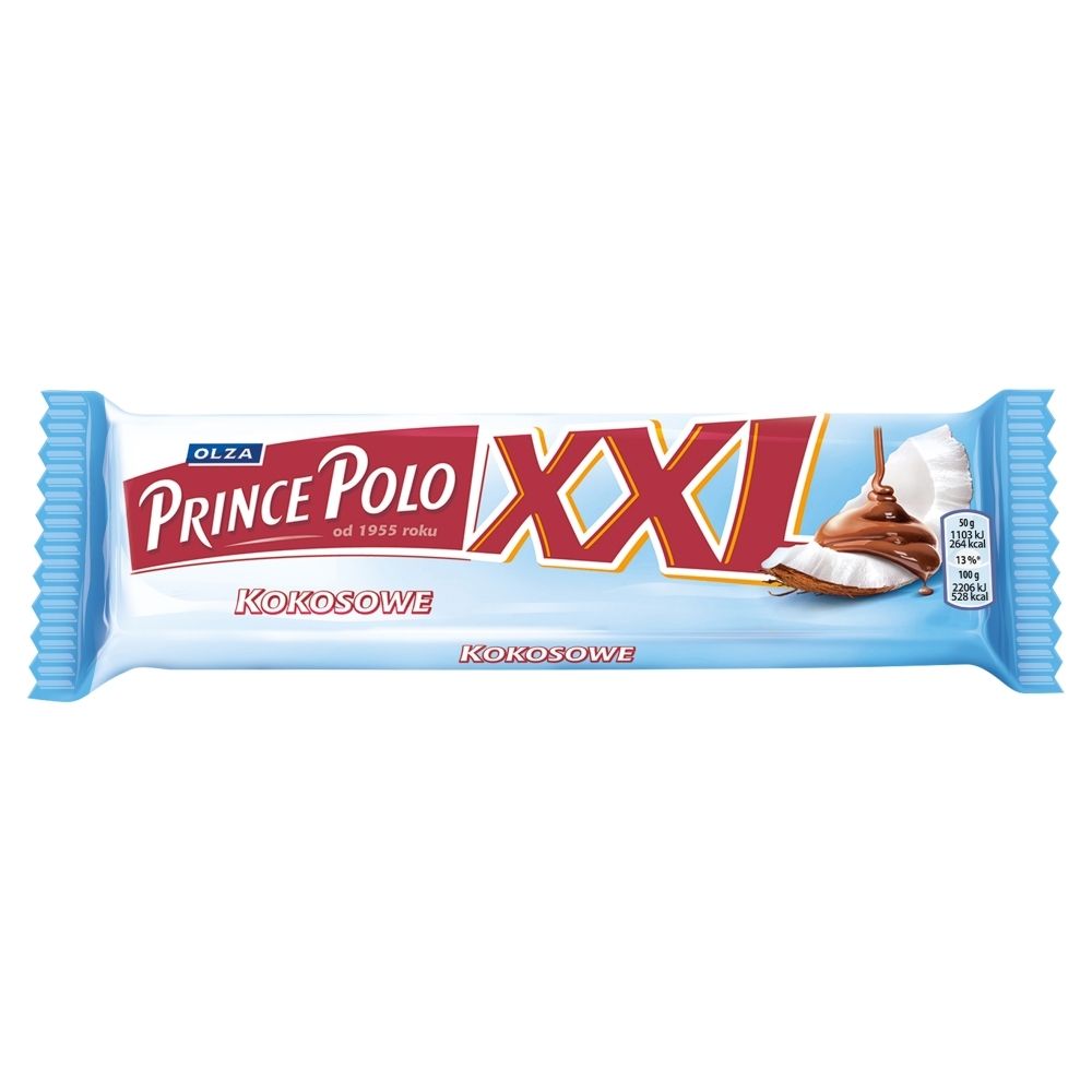 Kraft Kruchy wafelek z kremem kokosowym oblany czekoladą mleczną Olza Prince Polo XXL 50 g