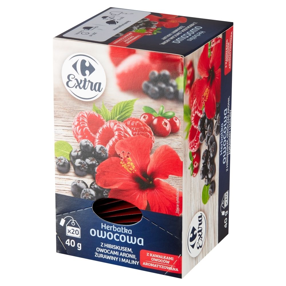 Carrefour Extra Herbatka owocowa z hibiskusem owocami aronii żurawiny i maliny 40 g (20 x 2 g)