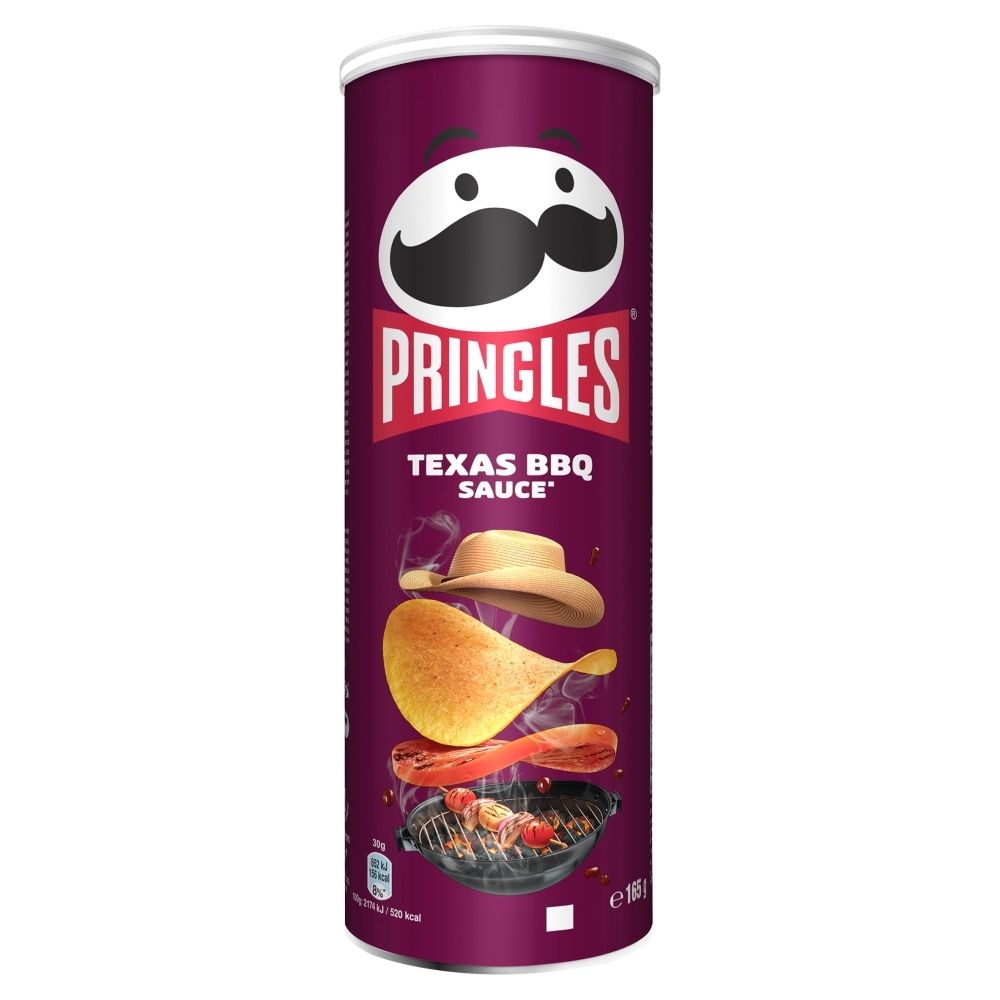 Pringles texas barbeque tuba 165g- chrupki o smaku teksańskiego sosu barbecue. Pikantny produkt piekarski.