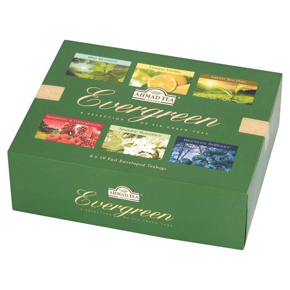 Ahmad Tea Evergreen zestaw 10 x 6 smaków herbat zielonych 60 torebek aluminiowych
