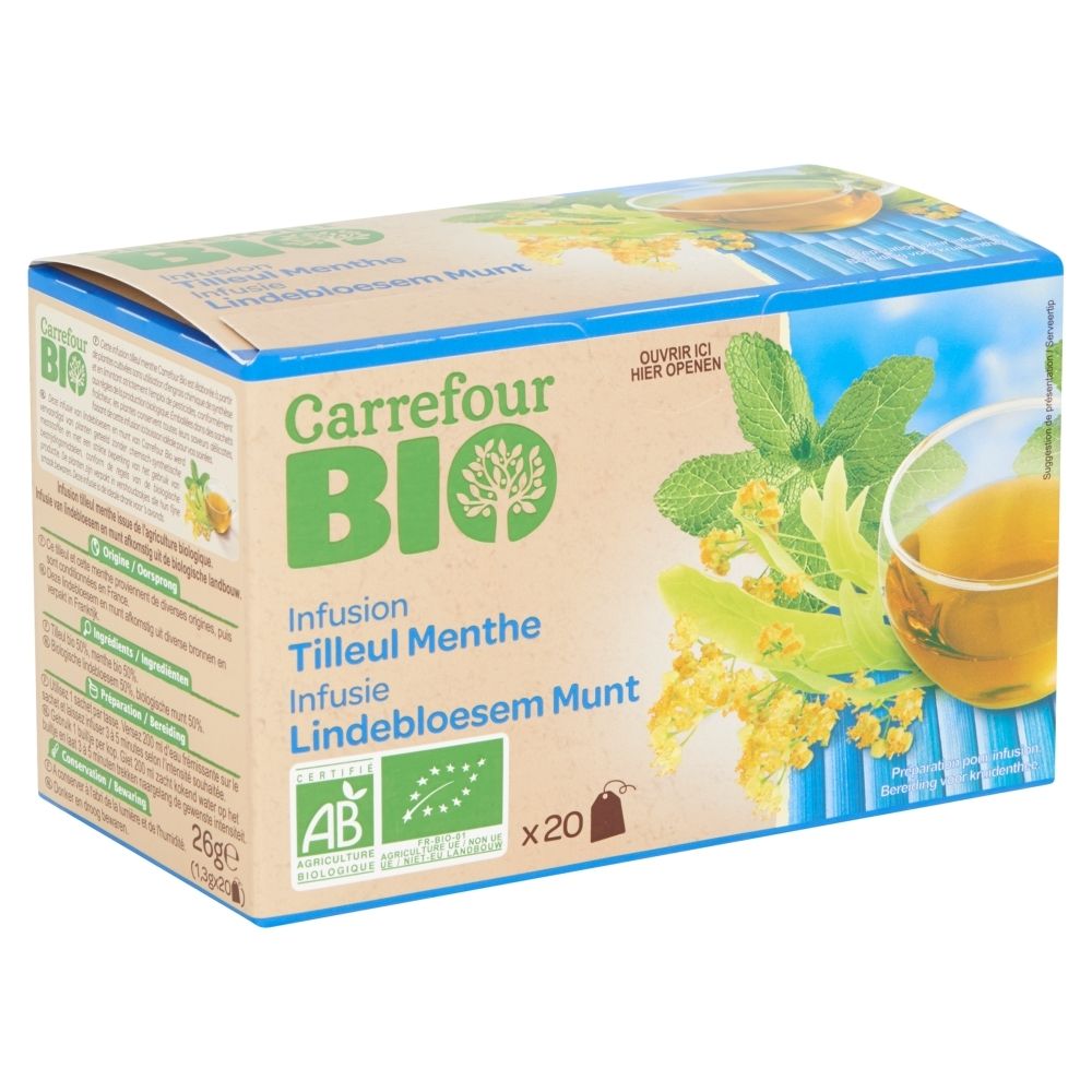 Carrefour Bio Ekologiczna herbatka ziołowa lipa i mięta 26 g (20 x 1,3 g)