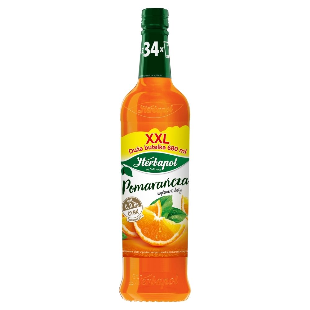 HERBAPOL Syrop owocowy o smaku pomarańczowym z witaminą C, D, B6 i Cynk, 680ml