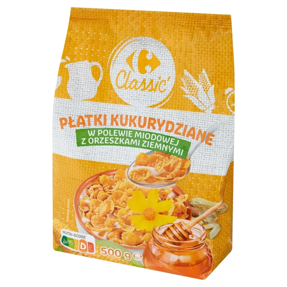 Carrefour Classic Płatki kukurydziane w polewie miodowej z orzeszkami ziemnymi 500 g