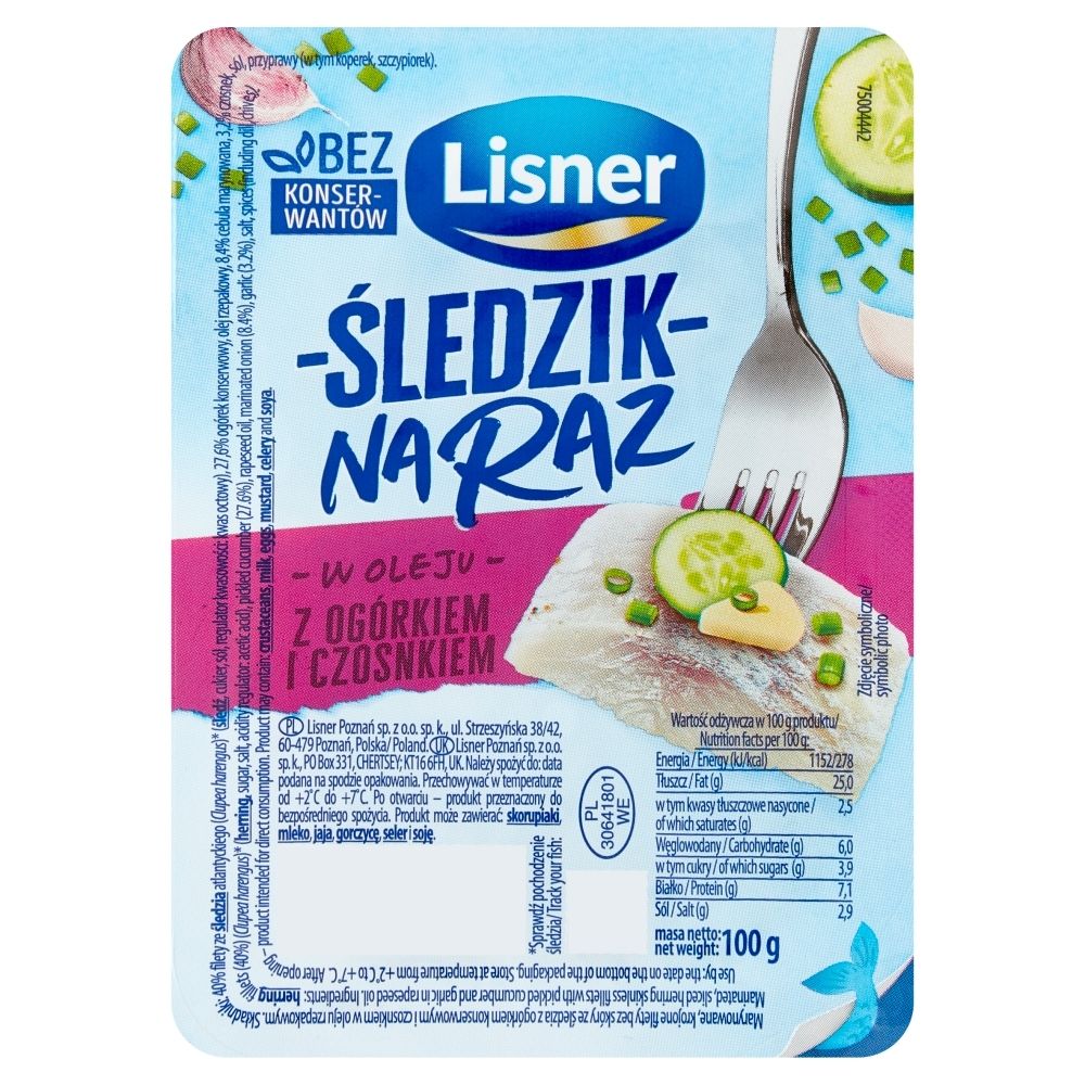 Lisner Śledzik na raz w oleju z ogórkiem i czosnkiem 100 g