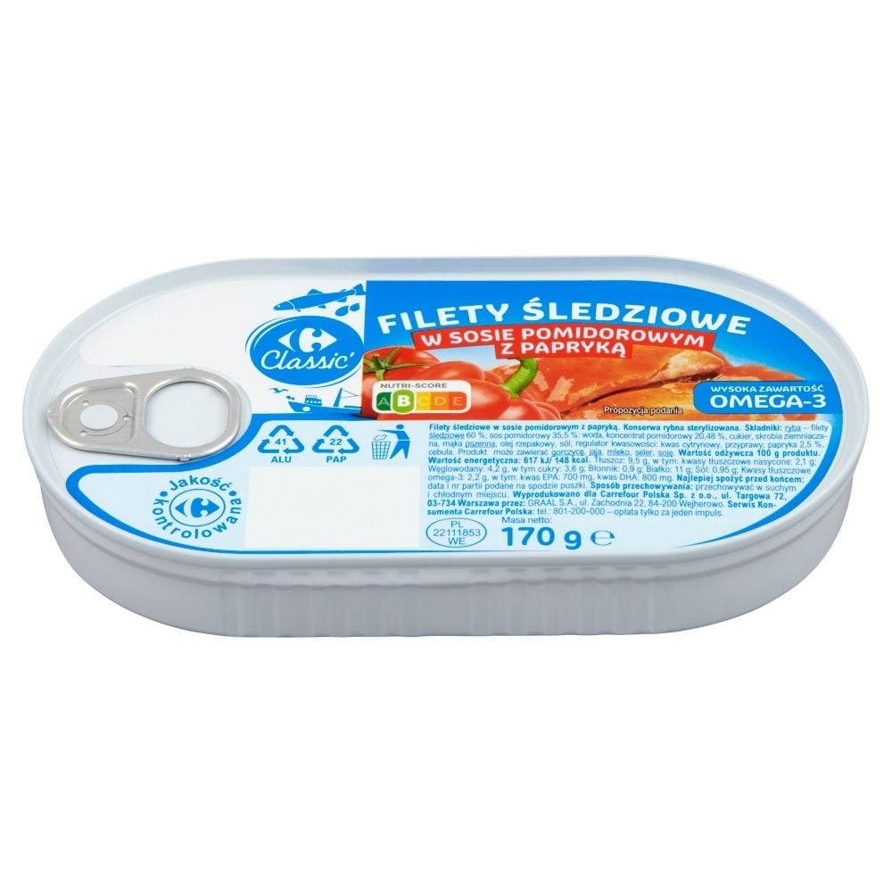 Carrefour Classic Filety śledziowe w sosie pomidorowym z papryką 170 g