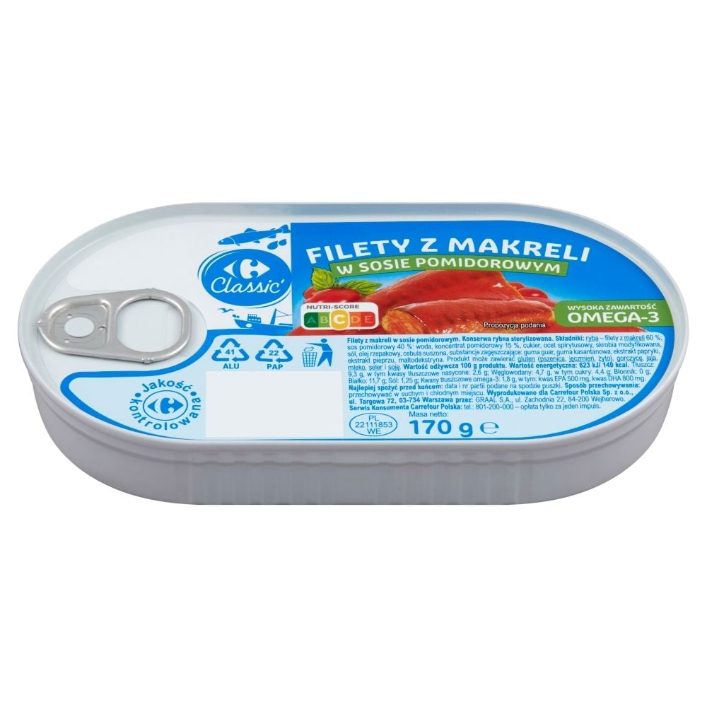 Carrefour Classic Filety z makreli w sosie pomidorowym 170 g