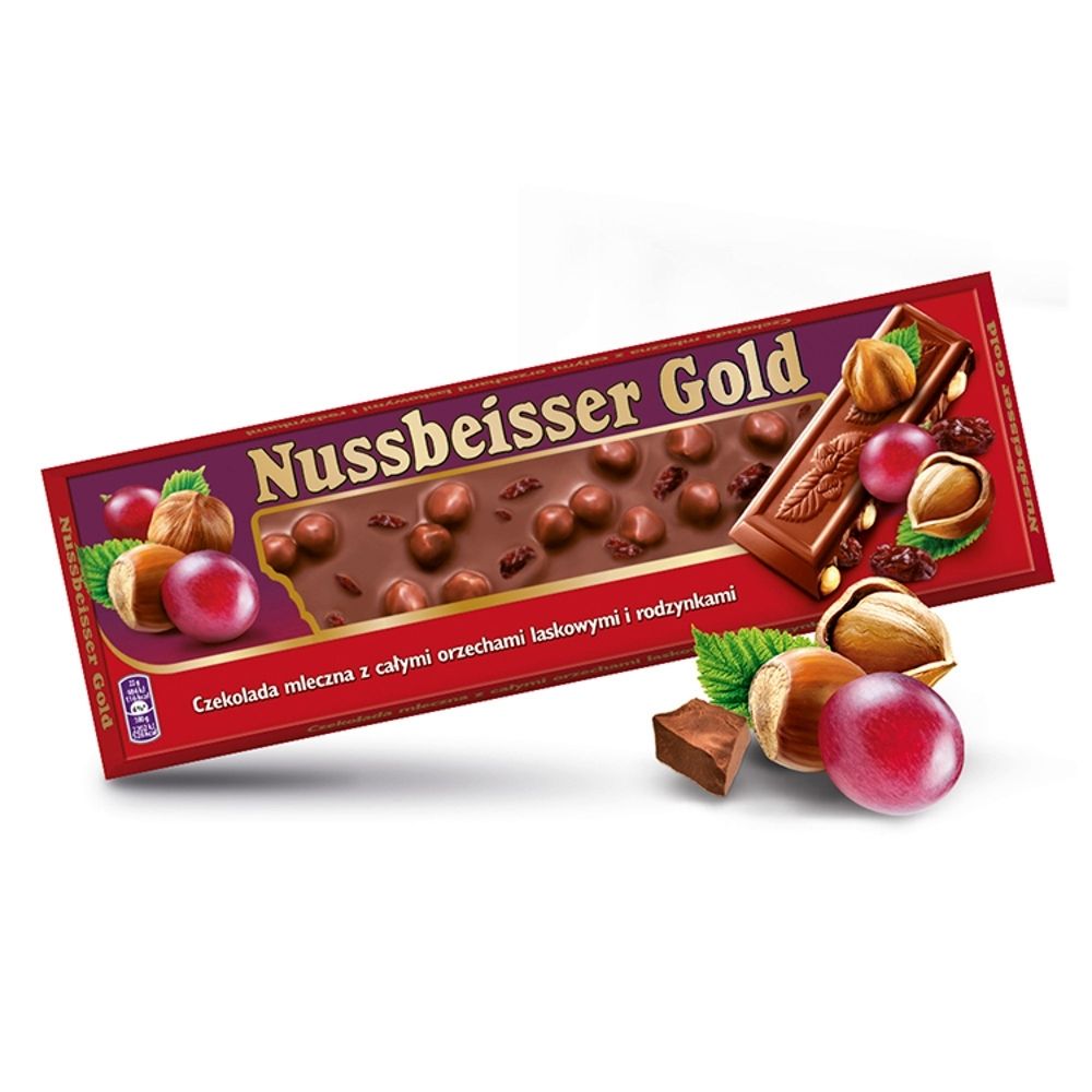 Nussbeisser Gold Czekolada mleczna z całymi orzechami laskowymi i rodzynkami 220 g