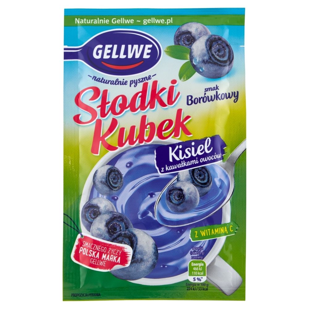 ﻿Gellwe Słodki Kubek Kisiel z kawałkami owoców o smaku borówkowym 28 g