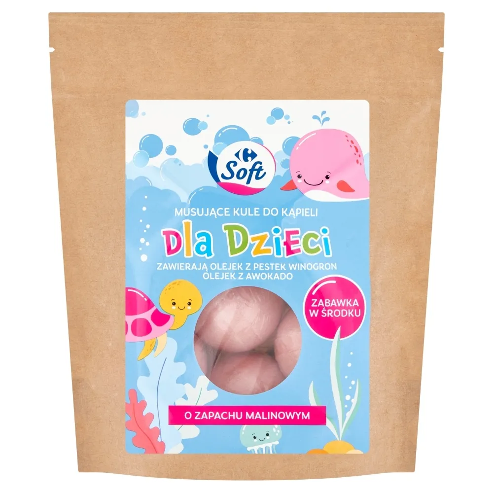 Carrefour Soft Musujące kule do kąpieli dla dzieci o zapachu malinowym 250 g (5 szt. x 50 g)