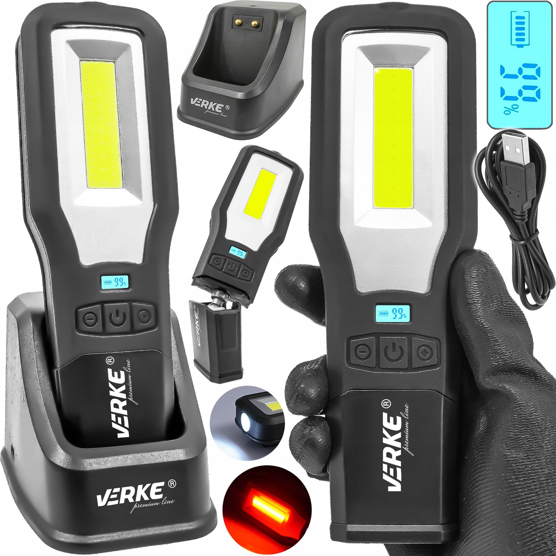 Lampka Warsztatowa Robocza Led Cob Latarka Akumulatorowa Z Bazą Hak Usb