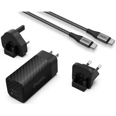 Energizer Ultimate - Ładowarka sieciowa Multiplug EU / UK / US GaN USB-C & USB-A 90W PD + Kabel USB-C (Czarny)