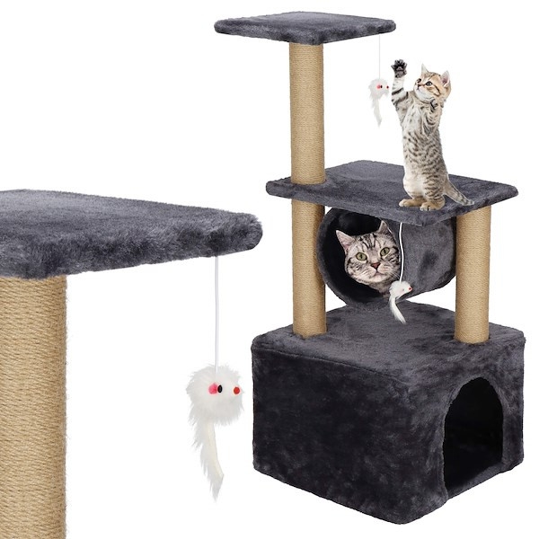 Drapak dla kota domek z zabawkami 3-poziomowy sizal szary