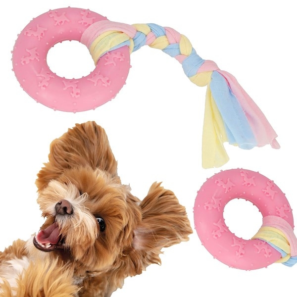Zabawka dla psa do aportowania gryzak gumowy ze sznurkiem różowy
