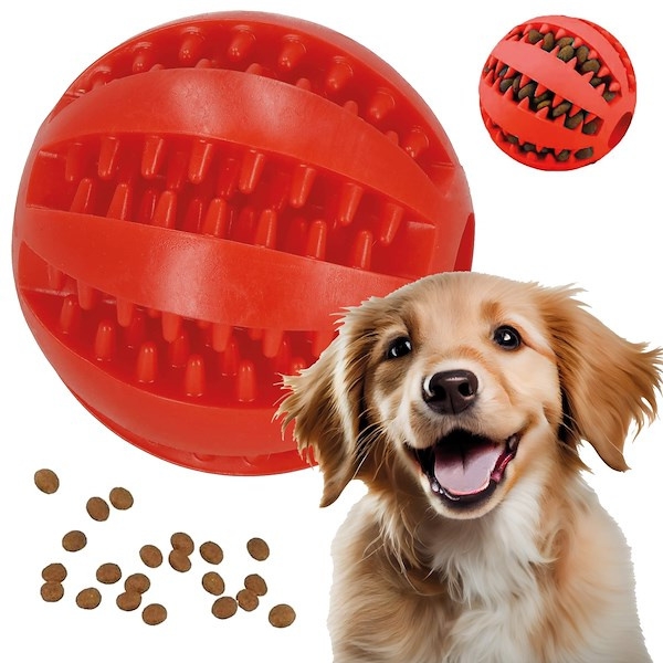 Gryzak dla psa do czyszczenia zębów i na przysmaki gumowa piłka z wypustkami czerwona