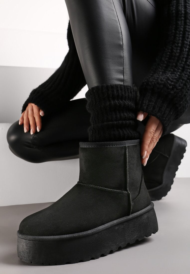 Czarne Śniegowce za Kostkę na Platformie Ocieplane Futerkiem Divena