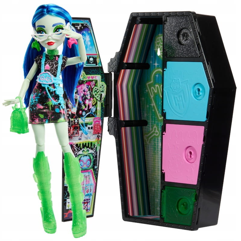 MONSTER HIGH STRASZYSEKRETY GHOULIA YELPS NEONOWA LALKA + 19 NIESPODZIANEK