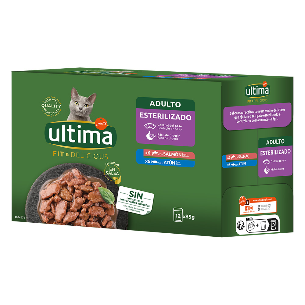 38 + 10 gratis! Ultima, karma mokra dla kota, 48 x 85 g - Cat Fit & Delicious, łosoś i tuńczyk