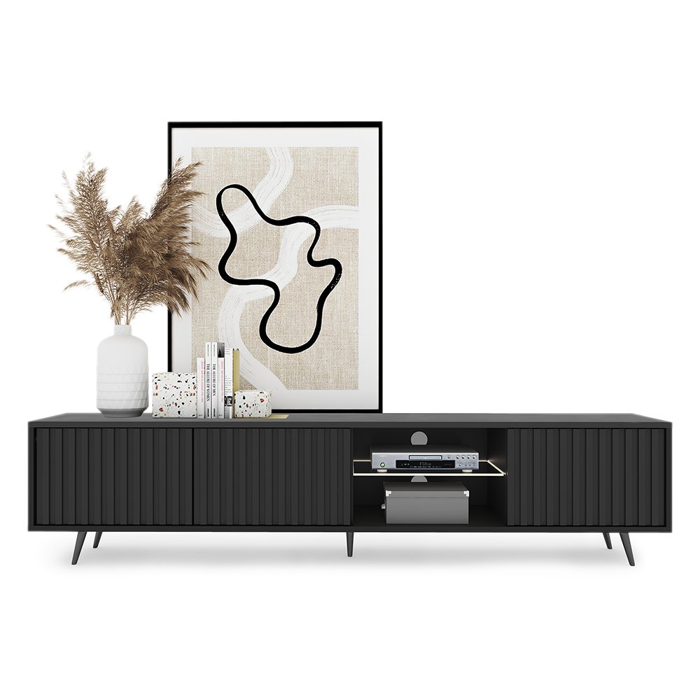 Szafka RTV Bello z lamelowymi frontami 175 cm czarna z led z czarnymi nogami