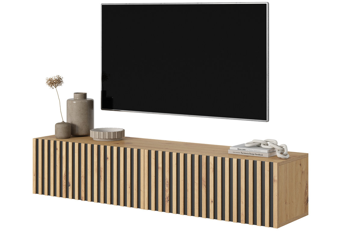 Szafka RTV Telire 140 cm dąb artisan z lamelowym frontem i czarnymi wstawkami