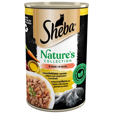 SHEBA puszka 400 g Nature's Collection – mokra pełnoporcjowa karma dla dorosłych kotów, koktajl drobiowy z wątróbką i olejem z ryb z przybraniem z marchewki, w sosie