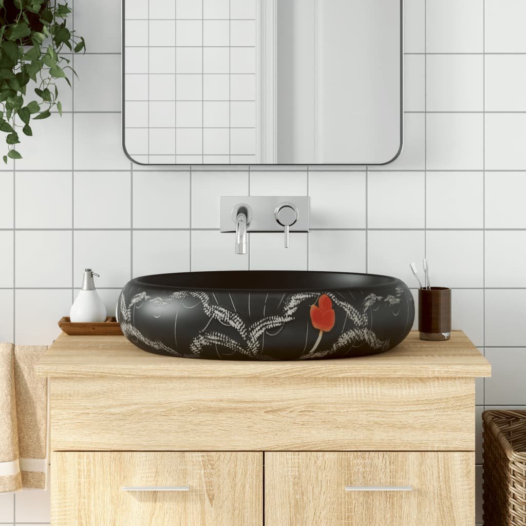 vidaXL Umywalka nablatowa, czarna, owalna, 59x40x15 cm, ceramiczna