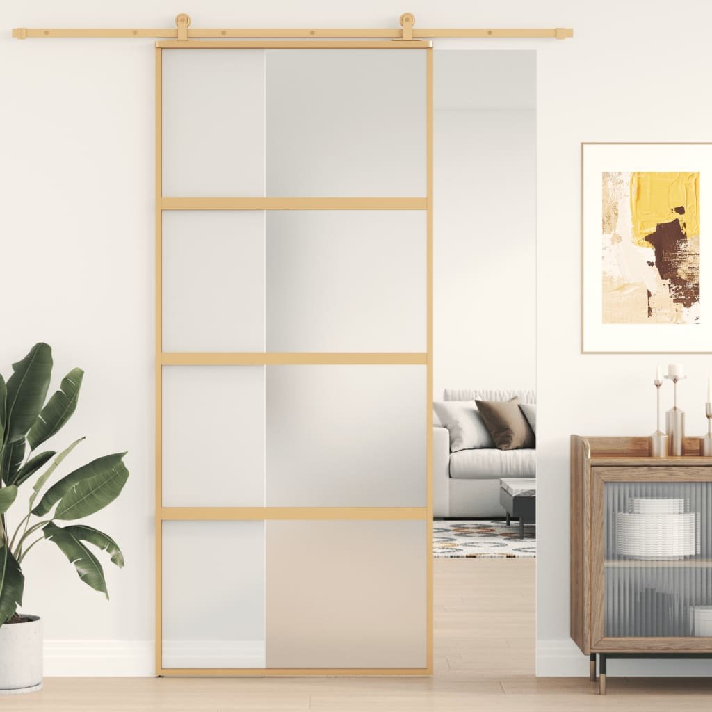 vidaXL Drzwi przesuwne, złote, 90x205 cm, mrożone szkło ESG, aluminium