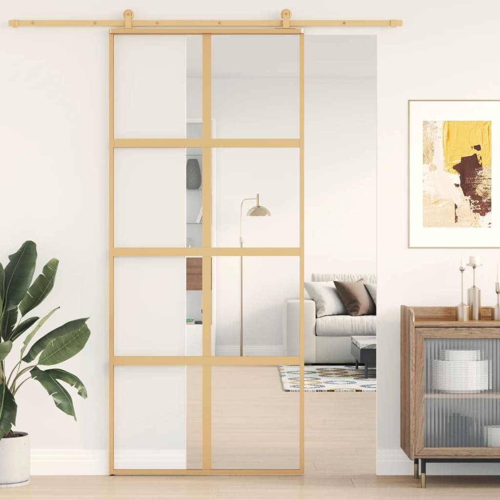 vidaXL Drzwi przesuwne, złote, 90x205 cm, przezroczyste szkło ESG