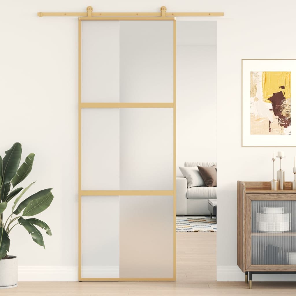 vidaXL Drzwi przesuwne, złote, 76x205 cm, mrożone szkło ESG, aluminium