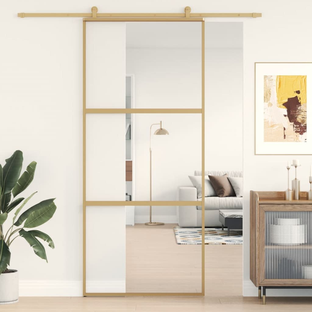 vidaXL Drzwi przesuwne, złote, 90x205 cm, przezroczyste szkło ESG
