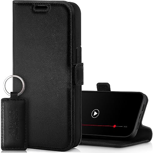 SURAZO Etui na telefon komórkowy Apple iPhone 15 Plus Slim – składane etui ochronne z prawdziwej skóry [z kieszenią na karty, ochroną RFID, Keyring] etui z klapką w stylu portfela, skórzane etui