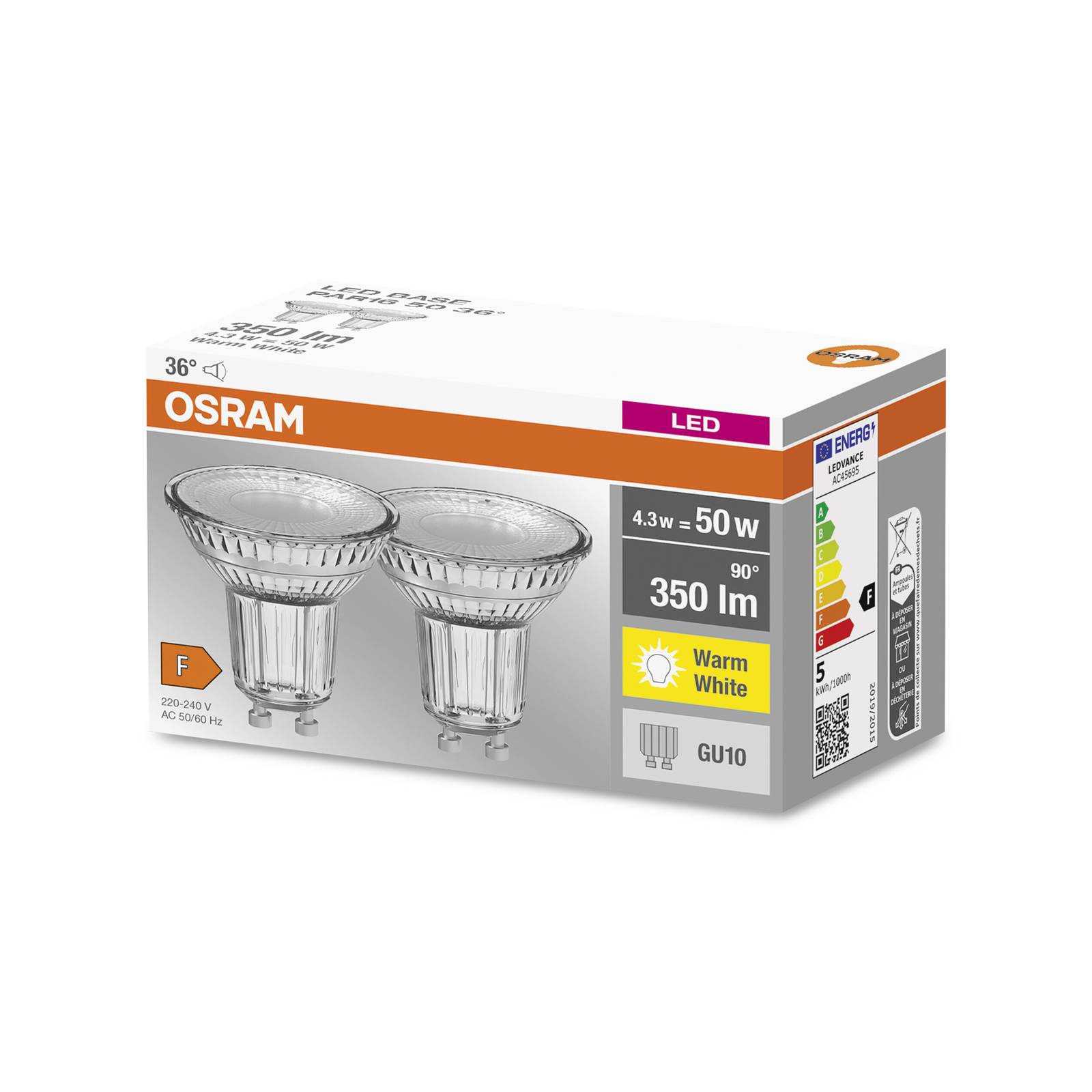 OSRAM Reflektor LED GU10 PAR16 4,3W 2 700 K 36° 2 szt.