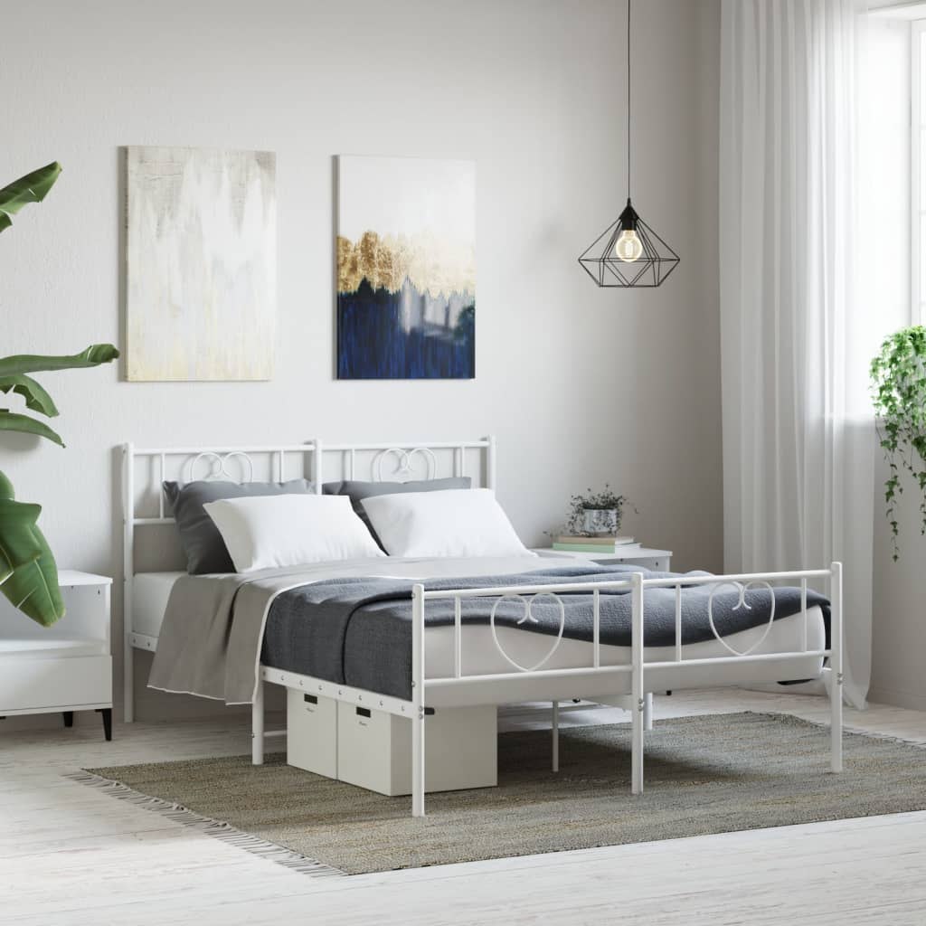 Metalowa rama łóżka z wezgłowiem i zanóżkiem, biała, 135x190 cm Lumarko!